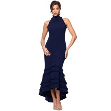 Xscape Navy Blue Halter Neck Ruffle Crepe Hi-Low Gown Size 12 $219