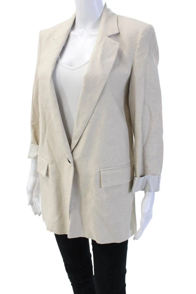Blazer Zara Mujer Lino Cuello Muescas Manga Larga Abotonado Beige Talla XS Foto 3 de 4
