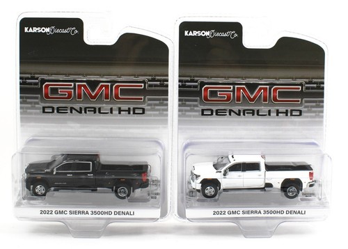 1:64 GreenLight *PAIR* Black & White 2022 GMC Sierra 3500HD Denali DUALLY *NIP!* - Picture 1 of 3