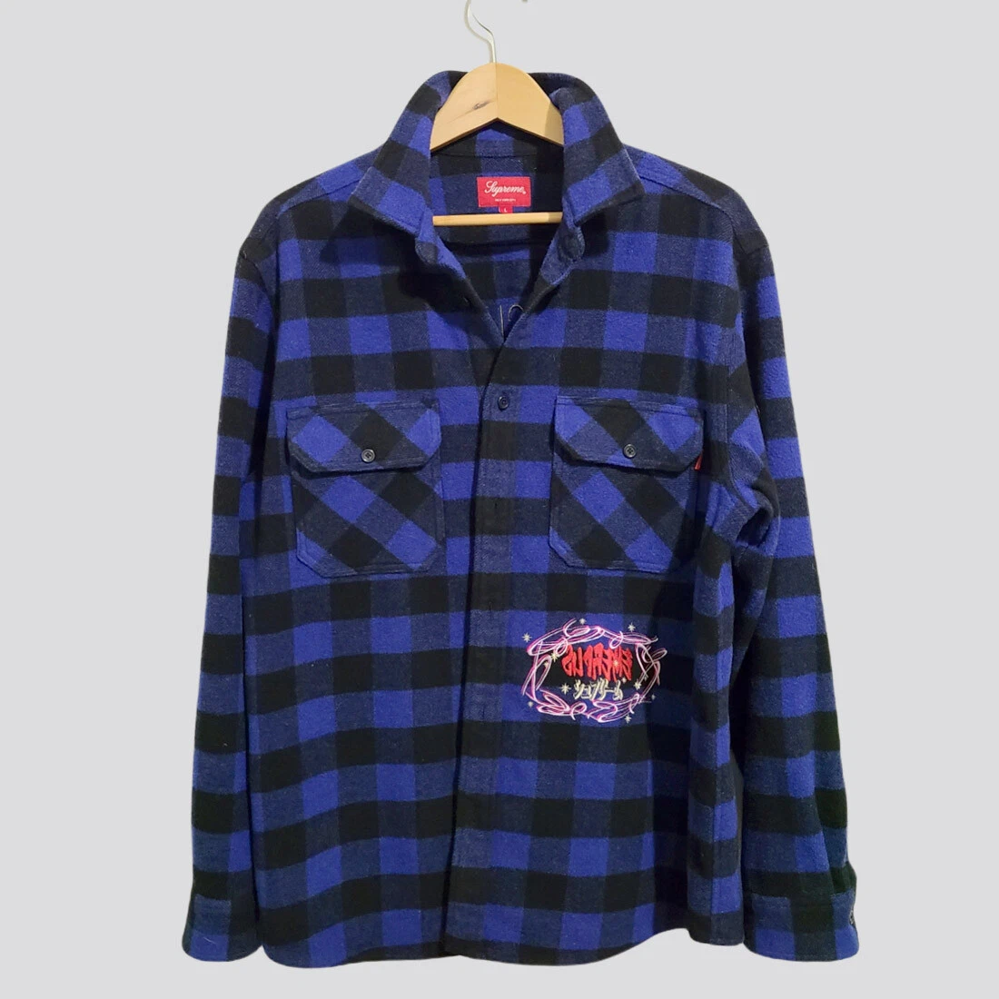 RARE Supreme Wool Blend 1-800 Buffalo Plaid Shirt Size Large Navy Black FW19