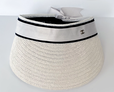 22C CHANEL WHITE BLACK RAFFIA RIBBON SUN VISOR L | eBay