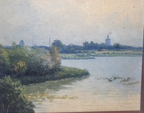 Vintage Original Oil on Board Painting Riverside Landscape Village Sz 33x27cm - Picture 20 of 24
