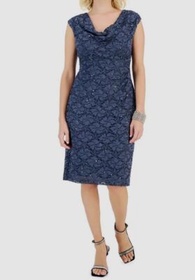 Connected Apparel Womens Petites Knee-Length Cowl Neck Sheath Dress Blue 4p