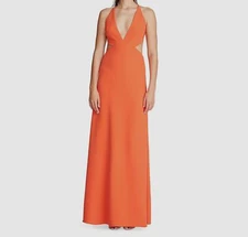 $476 Halston Women Orange Halter Neck Lace-Up Stretch A-Line Gown Dress Size 6
