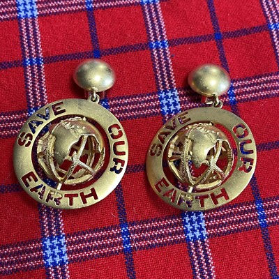D. Torem Renclif Inc. Matte Gold T. Clip On Earrings Save Our Earth SIGNED RARE