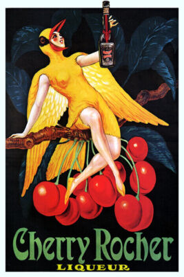 CHERRY ROCKER LIQUOR WOMAN BIRD HOLDING BOTTLE FRENCH VINTAGE POSTER REPRO