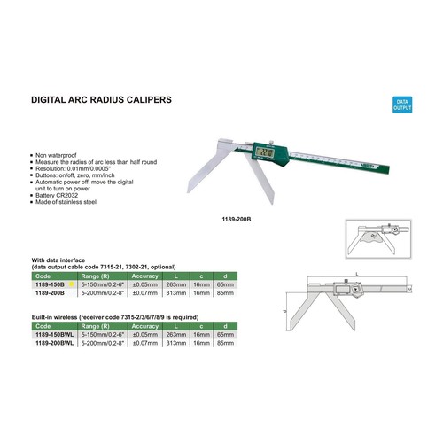 Insize Digital Arc Radius Caliper 5-150mm/0.2-6" Range Series 1189-150B - Picture 11 of 11