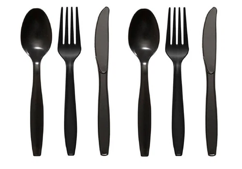 Plastic Cutlery Set Black Heavy Duty Reusable Spoons Forks Knives Mix Tithe
