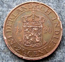 Netherlands East Indies Indonesia WILHELMINA 1920 2-1/2 CENTS, BRONZE