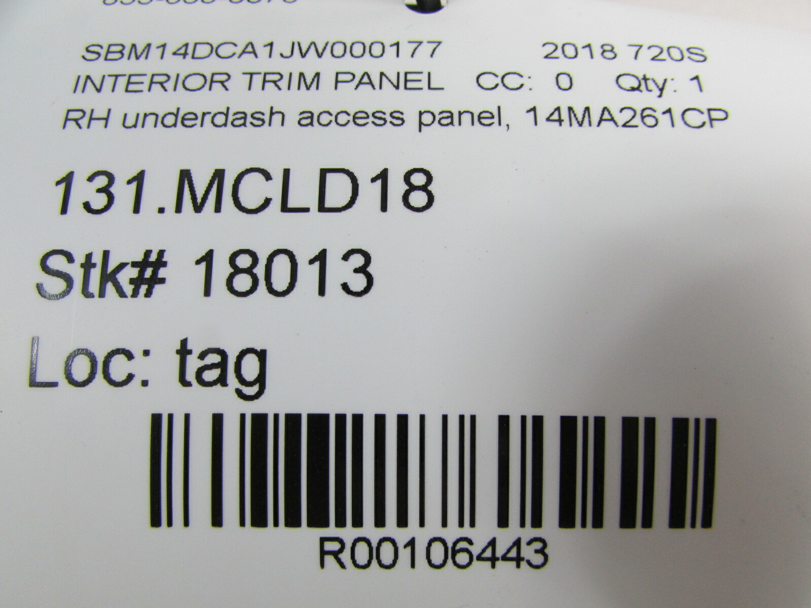 Mclaren 720S, RH, Right Under Dash Access Panel, Used, P/N 14MA261CP