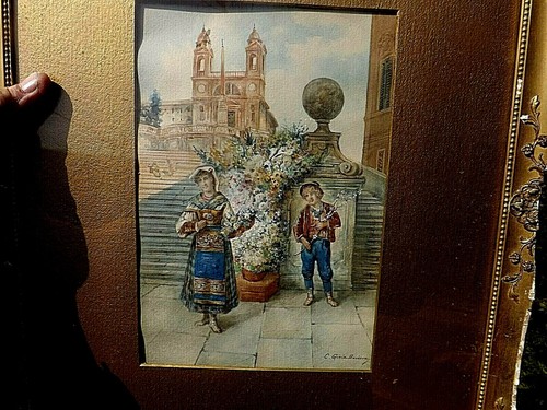 FRAMED AQUARELLE PAINTING FLOWER SELLERS BY CAMILLO GIOIA BARBERA c1860 - Picture 4 of 12