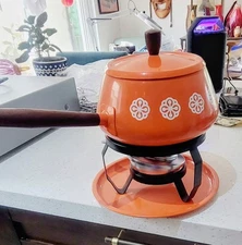 Vintage MCM HIMARK Fondue Pot, Orange Enameled Steel, 1960's, Japan