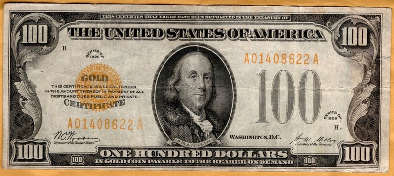 $100 Series 1928 Gold Certificate, in high grade, discoloration on back