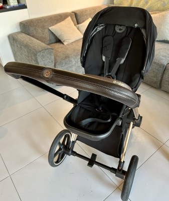Cybex Priam stroller leather push handle cover with rose gold quilt Brown