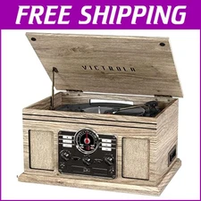 Stylish 3-Speed Bluetooth Record Player & Multimedia Center – Farmhouse Oatmeal