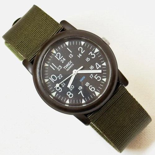 Vintage Timex Camper 33mm Men's Brown Watch Olive Green Band T41711