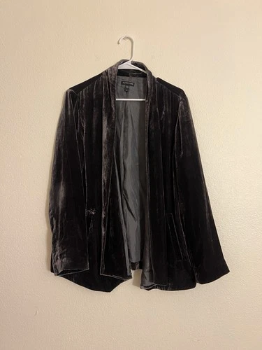 Eileen Fisher Large Gray Velvet Silk Lined Open Front Jacket