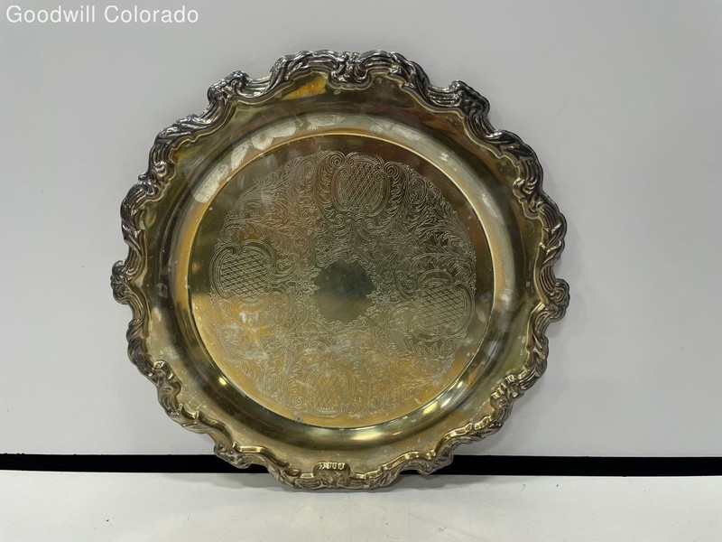 Silver Plated Made In China Serving Tray Ornate Edge Round Etched Plate Lot of 2
