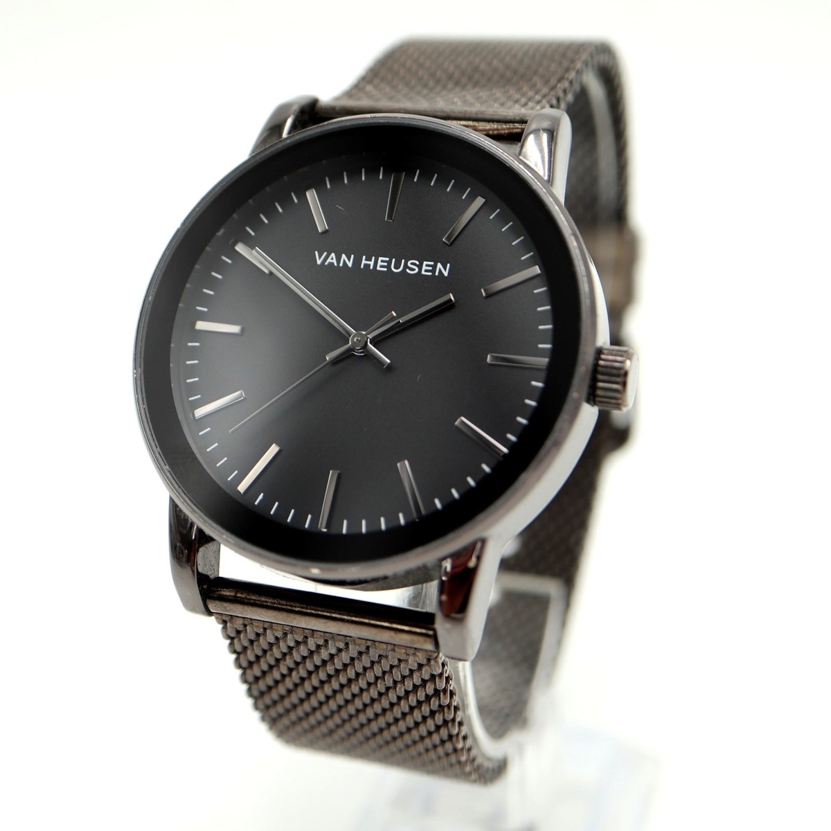 Van Heusen Mens Black Gunmetal 43mm Watch Metal Mesh Strap w New