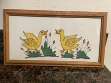 Counted Cross Stitch Ducks Completed Wood Frame 10 x16 Country Cottage Core