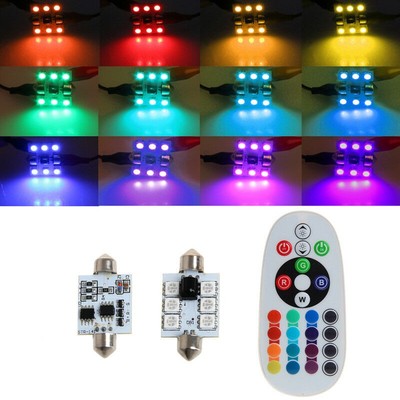 Pair RGB LED Festoon Map/Dome Interior 16Colors Light Bulbs RGB/41MM/C5W Remote