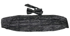 MEN'S Black Silver Paisley 2-PIECE CUMMERBUND  BOW-TIE SET Adjustable