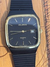 Helbros Quartz Wristwatch Black Dial Date Seconds Square Case Black Rubber Strap