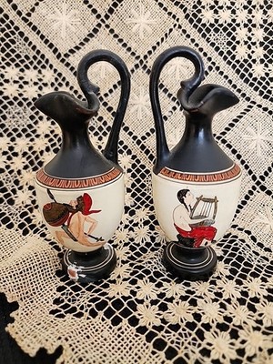 Greek Black Vases Pitchers Museum Souvenirs Signed. Hand Made/Painted Greece.