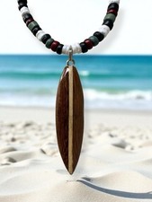 Wooden Surfboard Necklace   1.75" Beaded Pendant with Fin Detail, Handmade