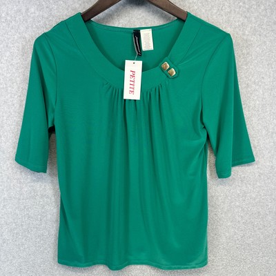 Jason Maxwell Blouse Top Womens Size Medium Petite Green Short Sleeve Pullover