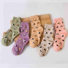 5 PAIRS WOMENS / GIRLS CUTE CARTOON CAT HEAD ALL OVER PATTERN MID CREW SOCKS SET
