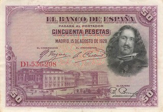 Spanien Spain España 50 Pesetas 1928 gebraucht (Serie D)