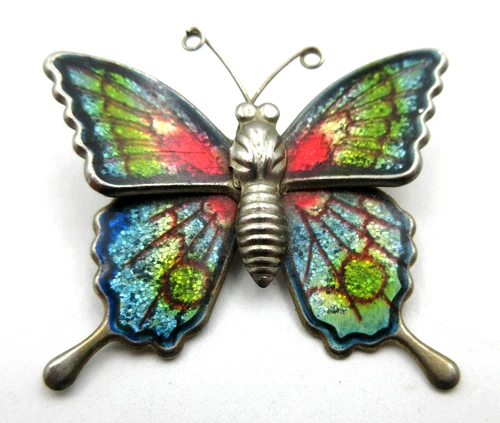 VTG ENAMEL METAL BUTTERFLY Brooch Pin pink green blu silver tone costume jewelry