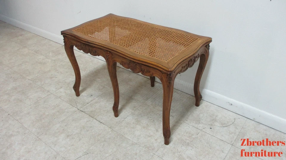 Antique Quality French Country Carved Cane Bench Stool Coffee Table - Image 3 of 4