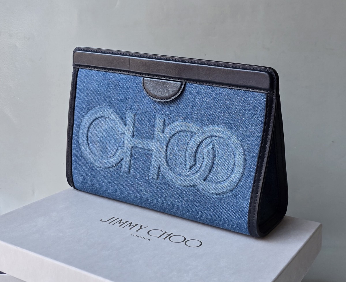 Jimmy Choo Clutch Blue Denim Navy Leather Pouch Bag CHOO Logo