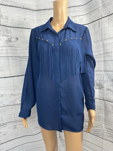 Camicia western denim 24/7 taglia 12W blu royal frange borchie blusa lunga usata in ottime condizioni - Foto 3 di 16