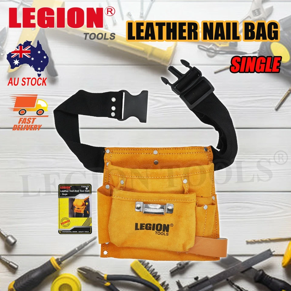 5 Pockets Leather Nail Bag Tool Belt Pouch Construction Heavy Duty Carpenter AU