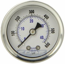 LIQUID FILLED PRESSURE GAUGE 0-600 PSI, 1.5" FACE, 1/8" NPT BACK MOUNT