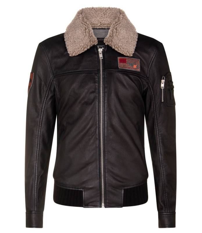 Chaqueta Napa Negra Estilo Aviador Cuello Pelo Desmontable Hombre Black LC065