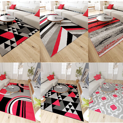 Modern Robust Teppich Kurzflor Wohnzimmerteppich Grau Rot 80 120 220 300cm