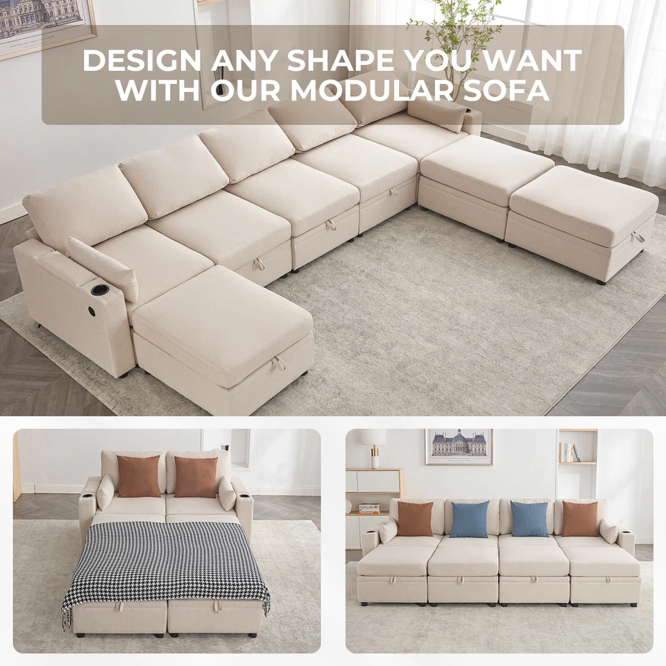 8 Modular Sectional U Shape Couch w/Storage USB Port Cup Holder Reversible Chais - Image 4 of 4