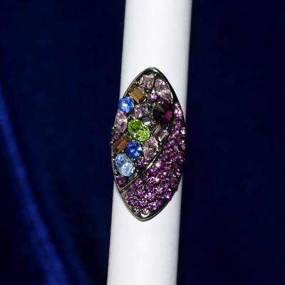 Bijou femme ado bague réglable métal couleur noire strass rose