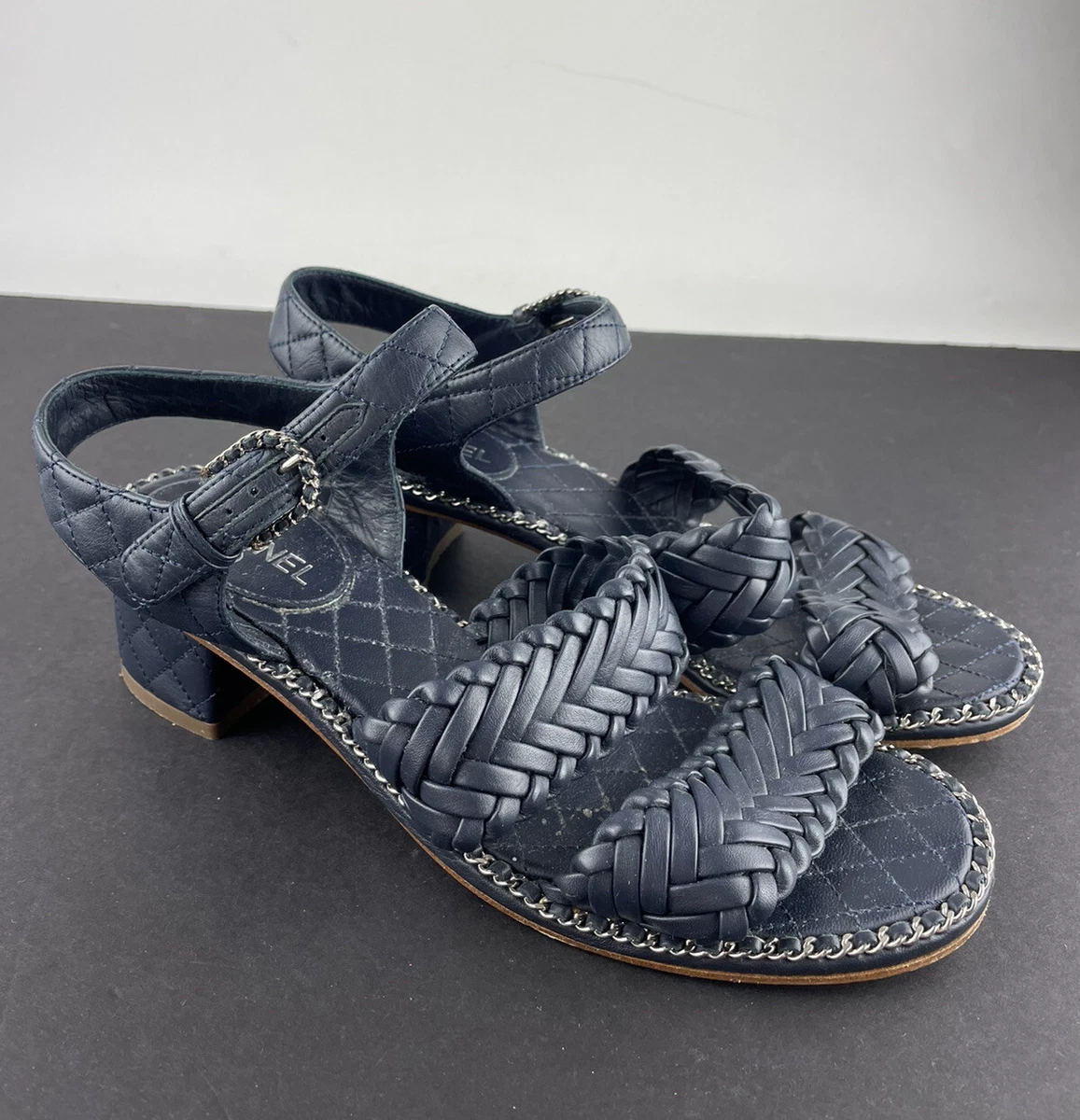 CHANEL Navy Woven Leather Strap Gold Chain Detail Low Heel Sandals