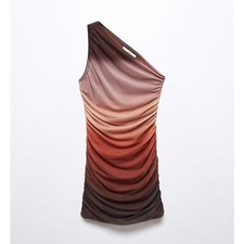 Mango one shoulder mesh dress in brown Gradient Draped M 6