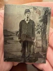 Civil War Original Tintype Photo Soldier With Flag Camp Backdrop Canon Soldiers