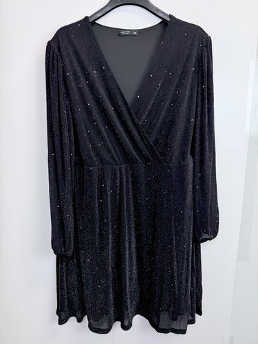 Shein Curve Dress Women’s 3XL Faux Wrap Surplus Black Glitter Mesh Long Sleeve