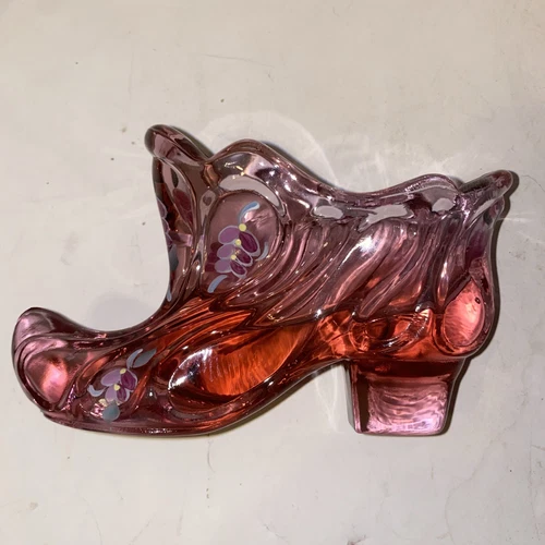 Vintage Amethyst Fenton Art Glass Shoe, Hand Painted Floral Signed JM DePond