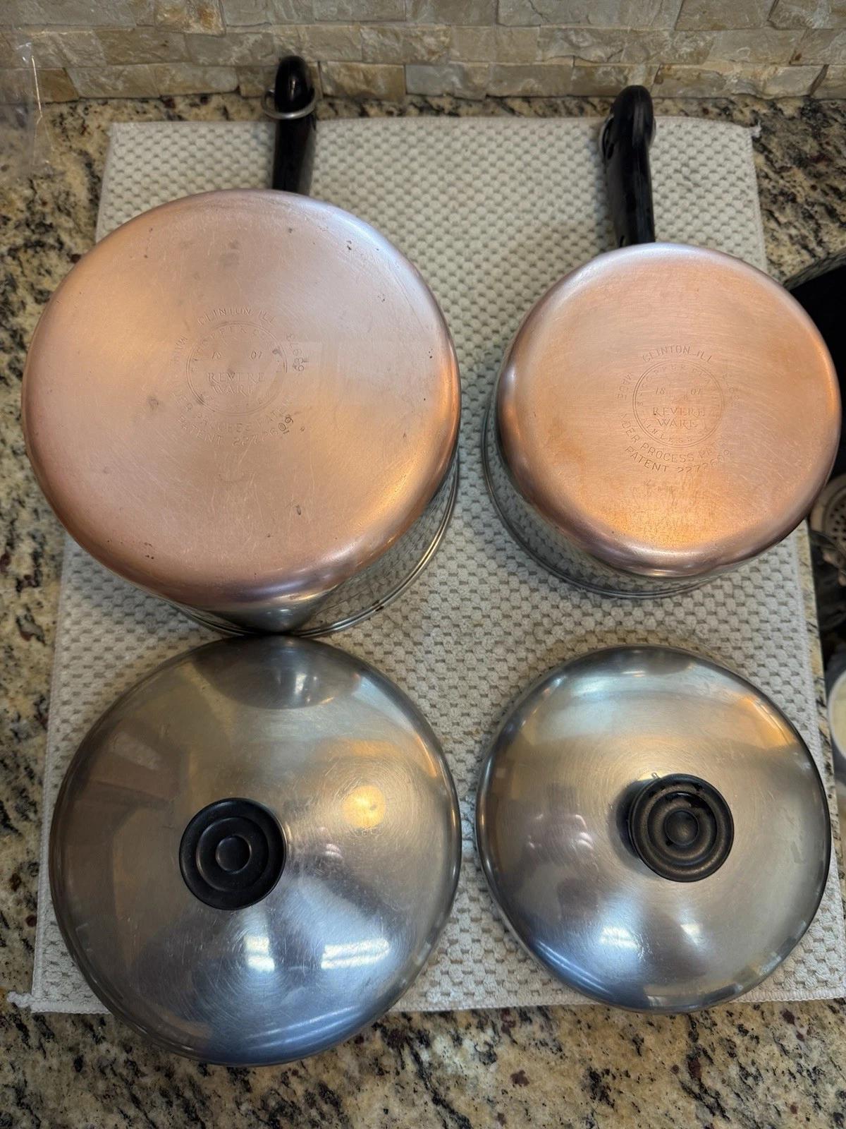 Vintage Revere Ware Copper Bottom Saucepan Set 2 Pots w Lids USA Clinton IL 1801