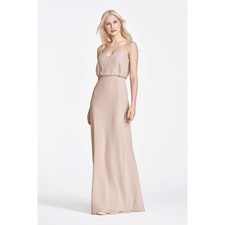 Long Simple Chiffon Bridesmaids Dress. Birchwood Tan. Size 10.