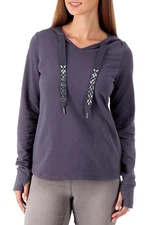Belle by Kim Gravel French Terry Hoodie Sweatshirt with Jeweled Ties Graphite L 